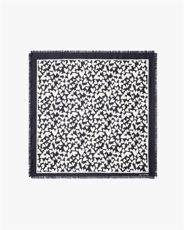 HEART SILK TWILL SCARF IN BLACK/STONE HEART PRINT
