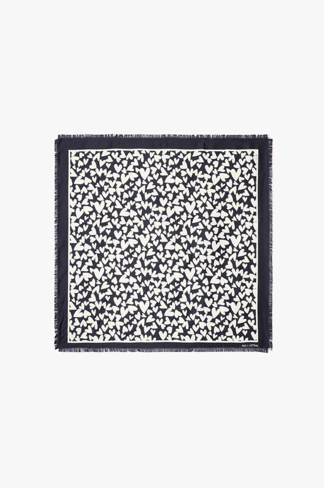 HEART SILK TWILL SCARF IN BLACK/STONE HEART PRINT