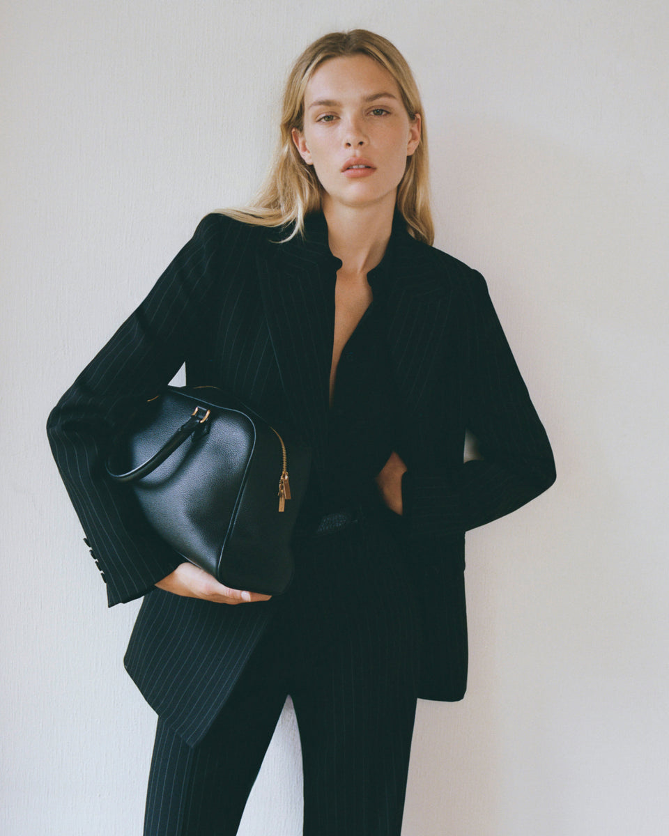 WESTON DOUBLE BREASTED WOOL BLAZER IN BLACK PINSTRIPE