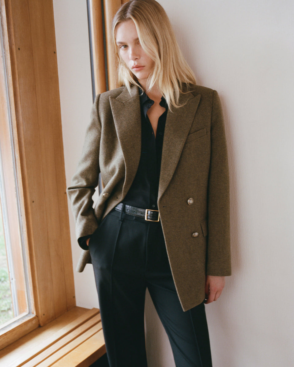 WESTON DOUBLE BREASTED WOOL BLAZER IN MOSS GREEN