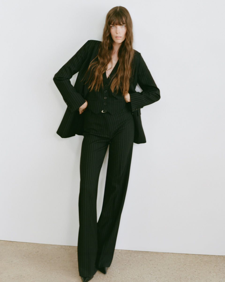 WESTON DOUBLE BREASTED WOOL BLAZER IN BLACK PINSTRIPE