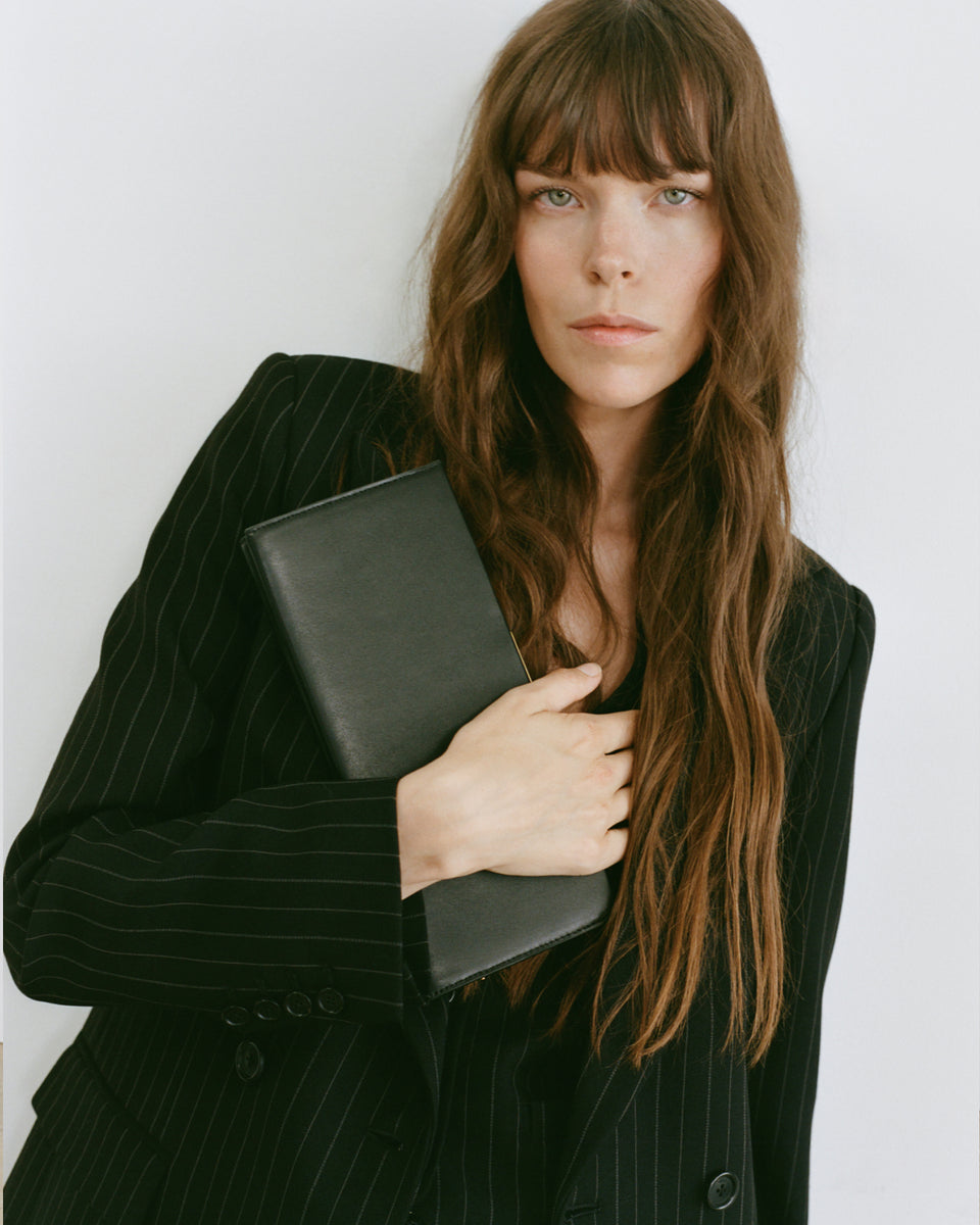 WESTON DOUBLE BREASTED WOOL BLAZER IN BLACK PINSTRIPE