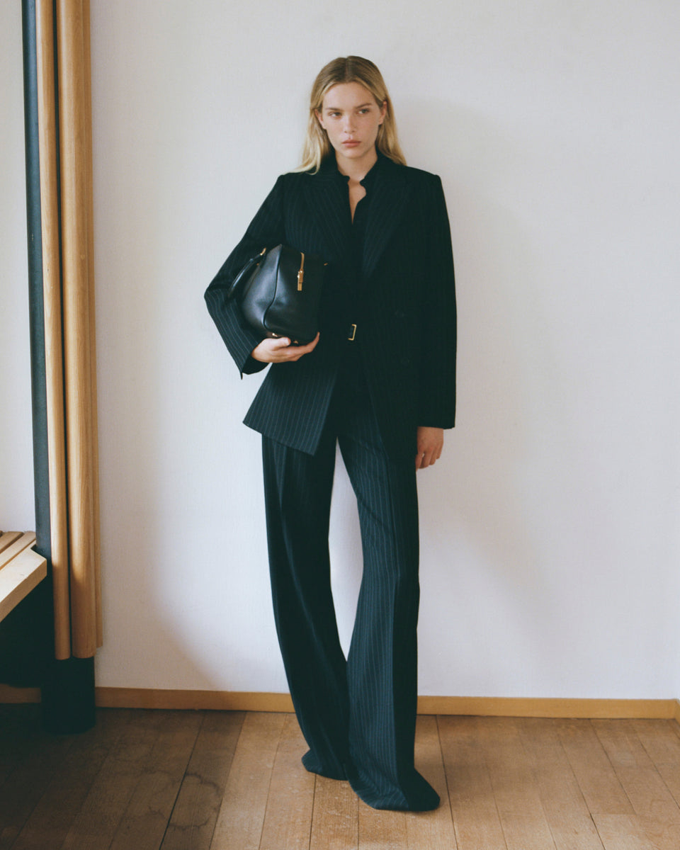 WESTON DOUBLE BREASTED WOOL BLAZER IN BLACK PINSTRIPE