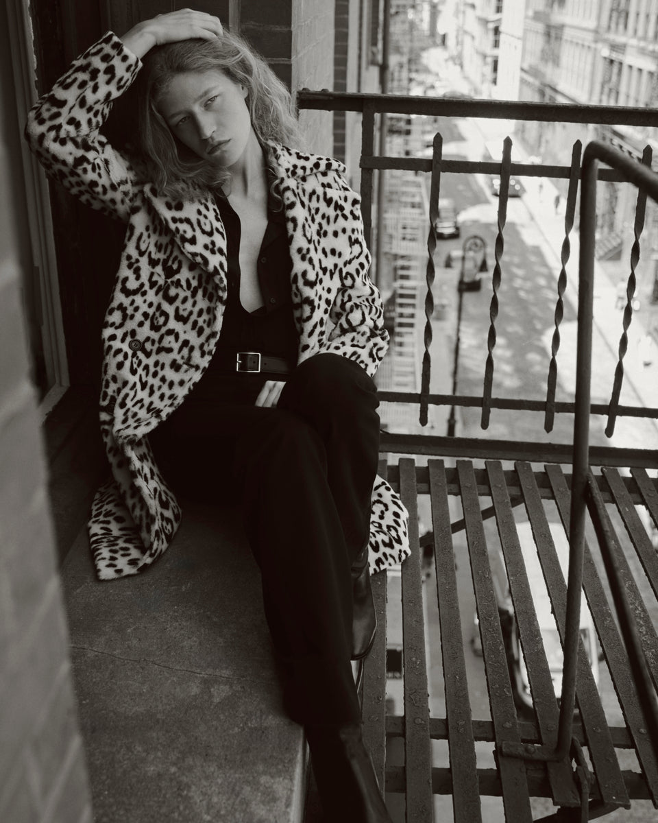 CRYSTAL SHEARLING COAT IN SNOW LEOPARD