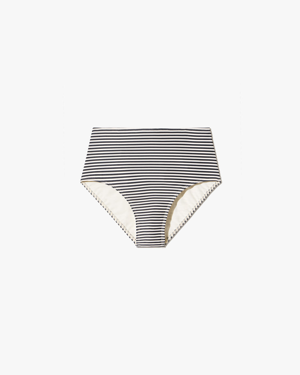 HIGH WAISTED BIKINI BOTTOM IN BLACK/IVORY STRIPE