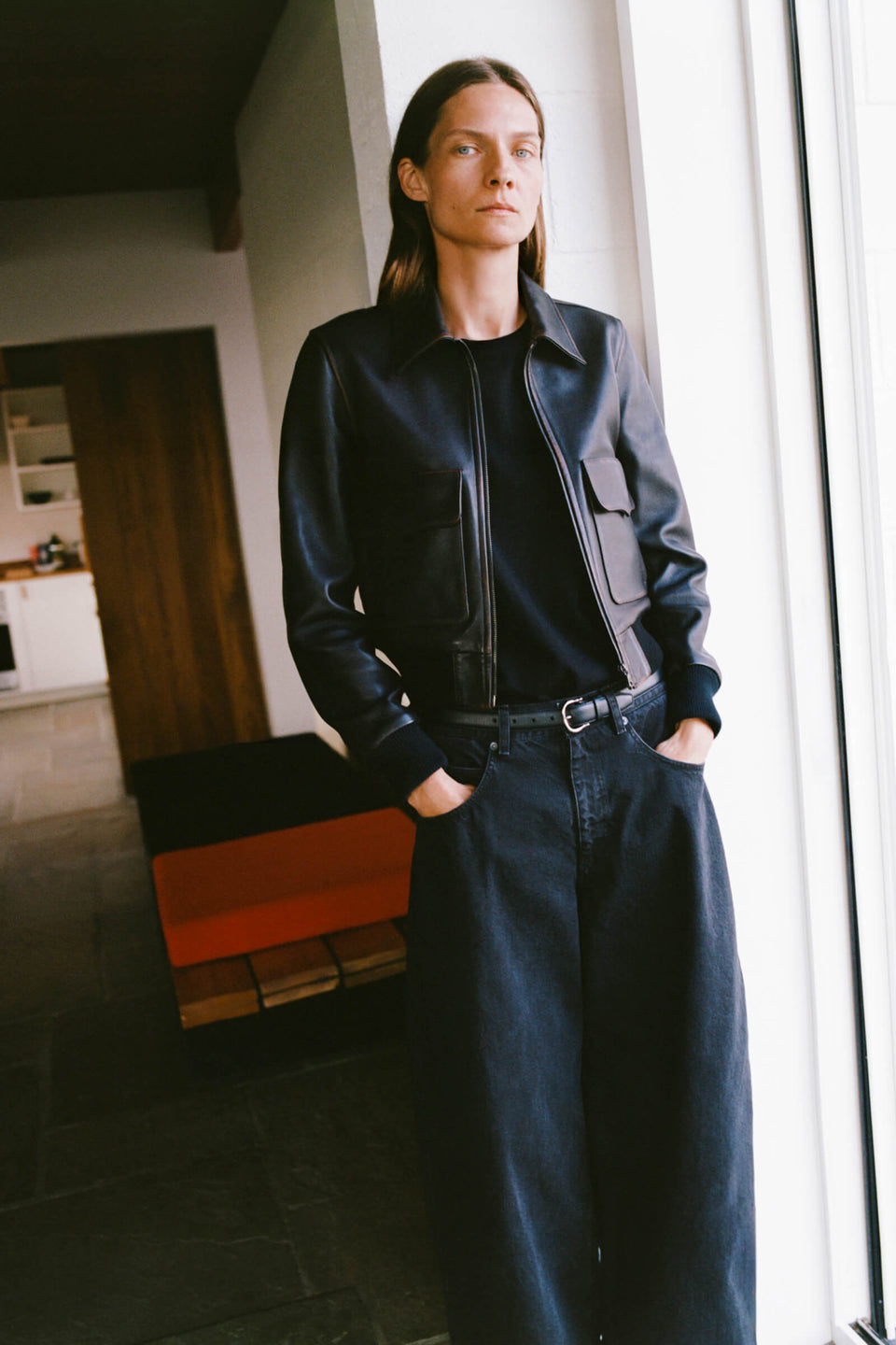 REDLEY LEATHER BOMBER JACKET IN DISTRESSED BLACK