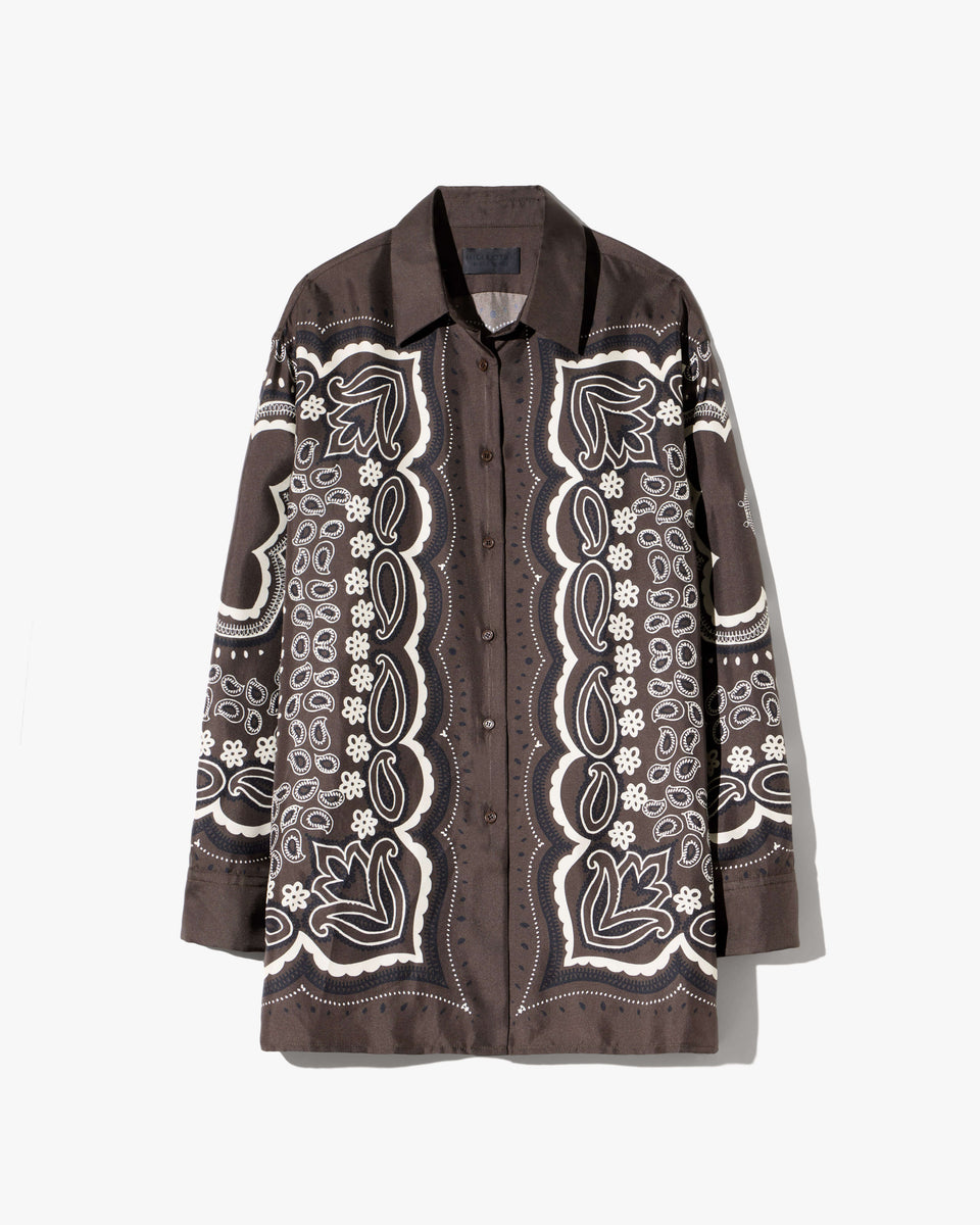 ALFIE SILK SHIRT IN BROWN/ IVORY BANDANA PRINT