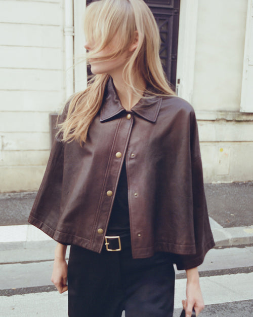 INES LEATHER JACKET IN DARK BROWN