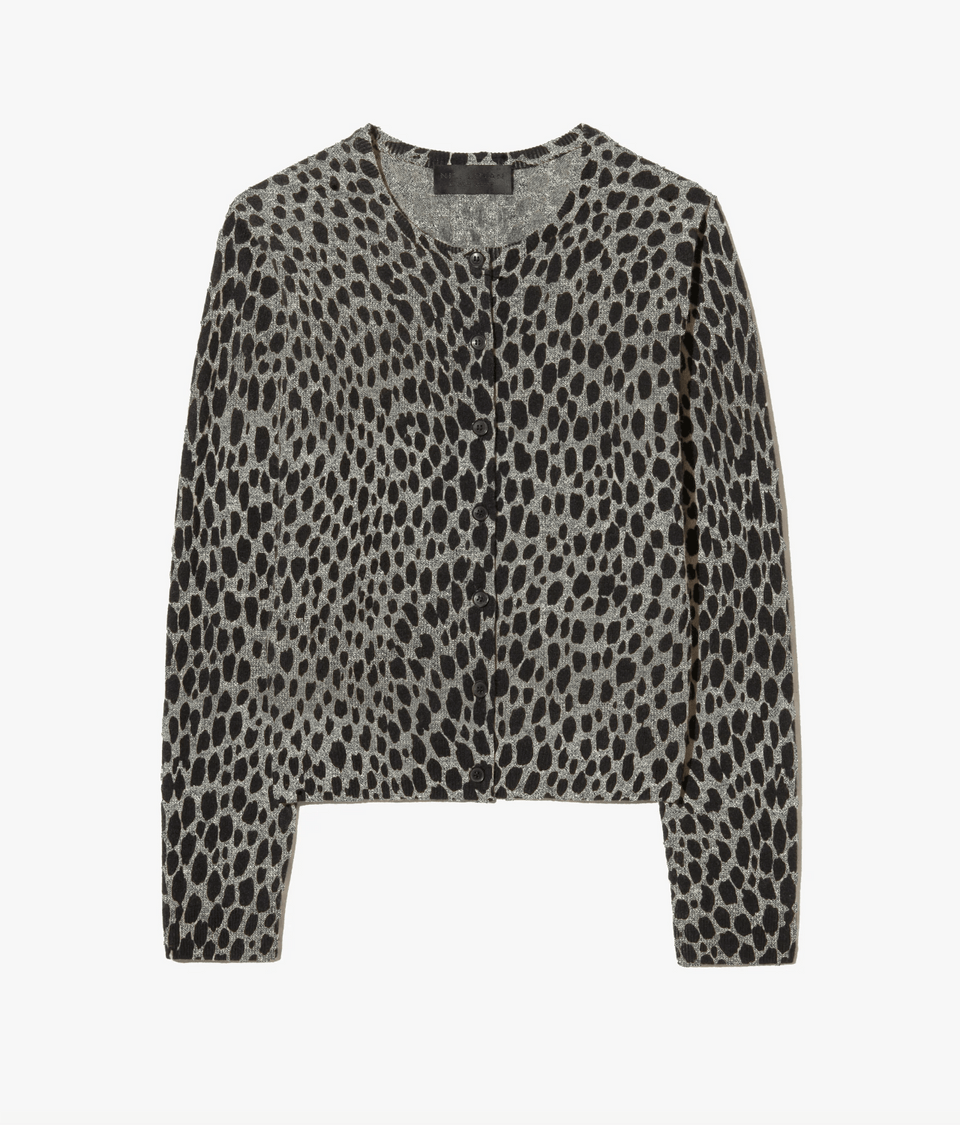 KEELAH CASHMERE CARDIGAN IN PEBBLE GREY HEATHER/BLACK CHEETAH