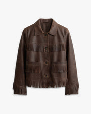 LAZARE FRINGE LEATHER JACKET IN DARK BROWN