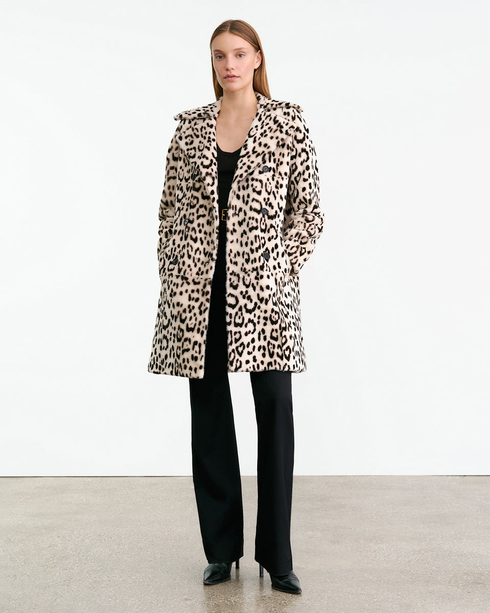 CRYSTAL SHEARLING COAT IN SNOW LEOPARD