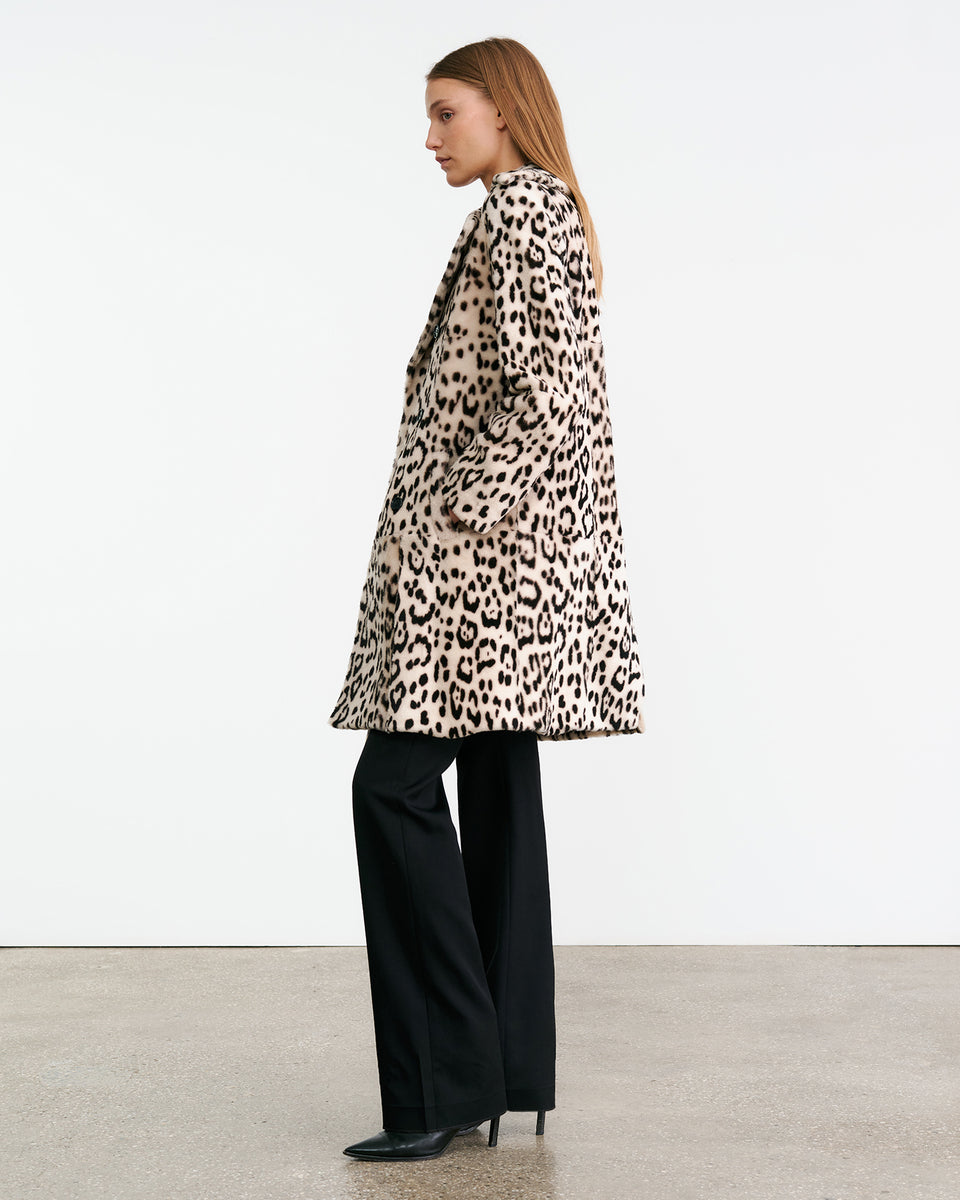 CRYSTAL SHEARLING COAT IN SNOW LEOPARD