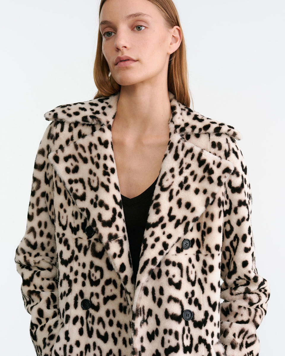 CRYSTAL SHEARLING COAT IN SNOW LEOPARD