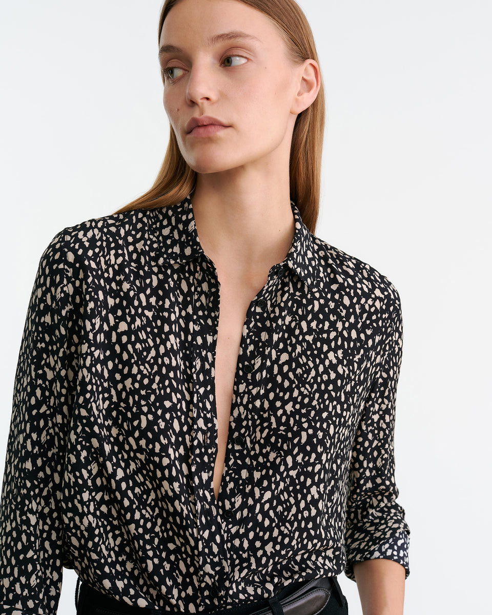 GAIA SILK SHIRT IN BLACK/STONE CHEETAH PRINT