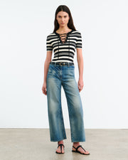 OAKLYNN SILK KNIT SWEATER IN BLACK/IVORY STRIPE