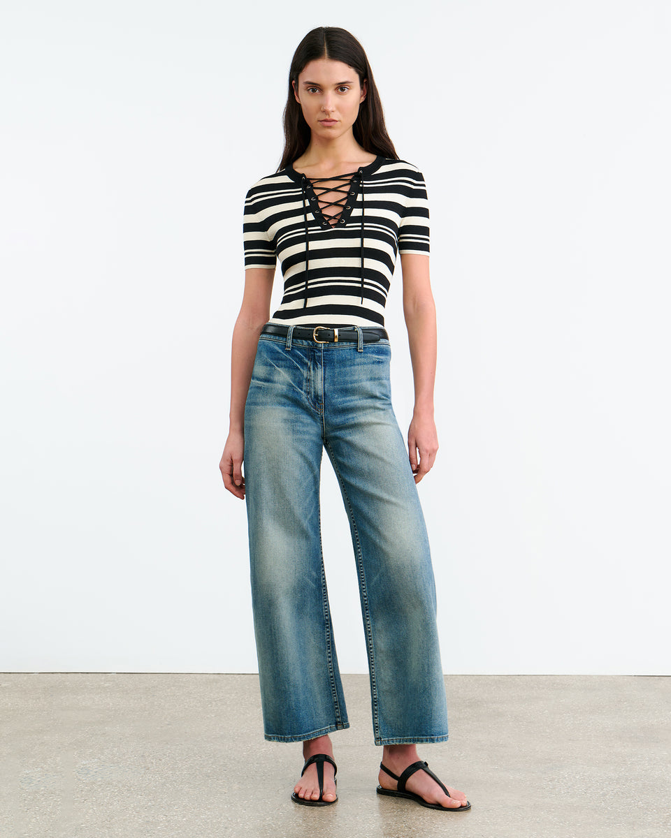 OAKLYNN SILK KNIT SWEATER IN BLACK/IVORY STRIPE