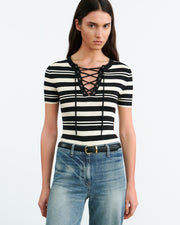 OAKLYNN SILK KNIT SWEATER IN BLACK/IVORY STRIPE