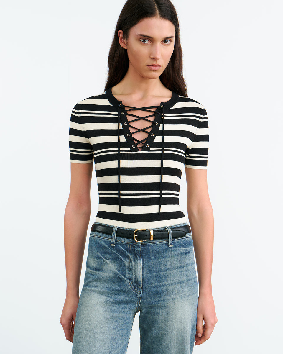 OAKLYNN SILK KNIT SWEATER IN BLACK/IVORY STRIPE