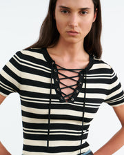 OAKLYNN SILK KNIT SWEATER IN BLACK/IVORY STRIPE