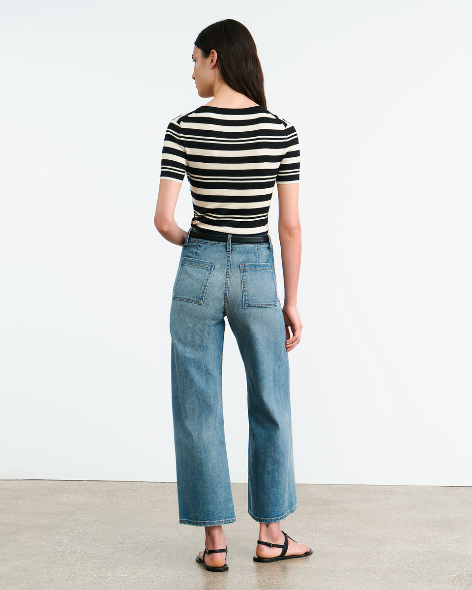 OAKLYNN SILK KNIT SWEATER IN BLACK/IVORY STRIPE