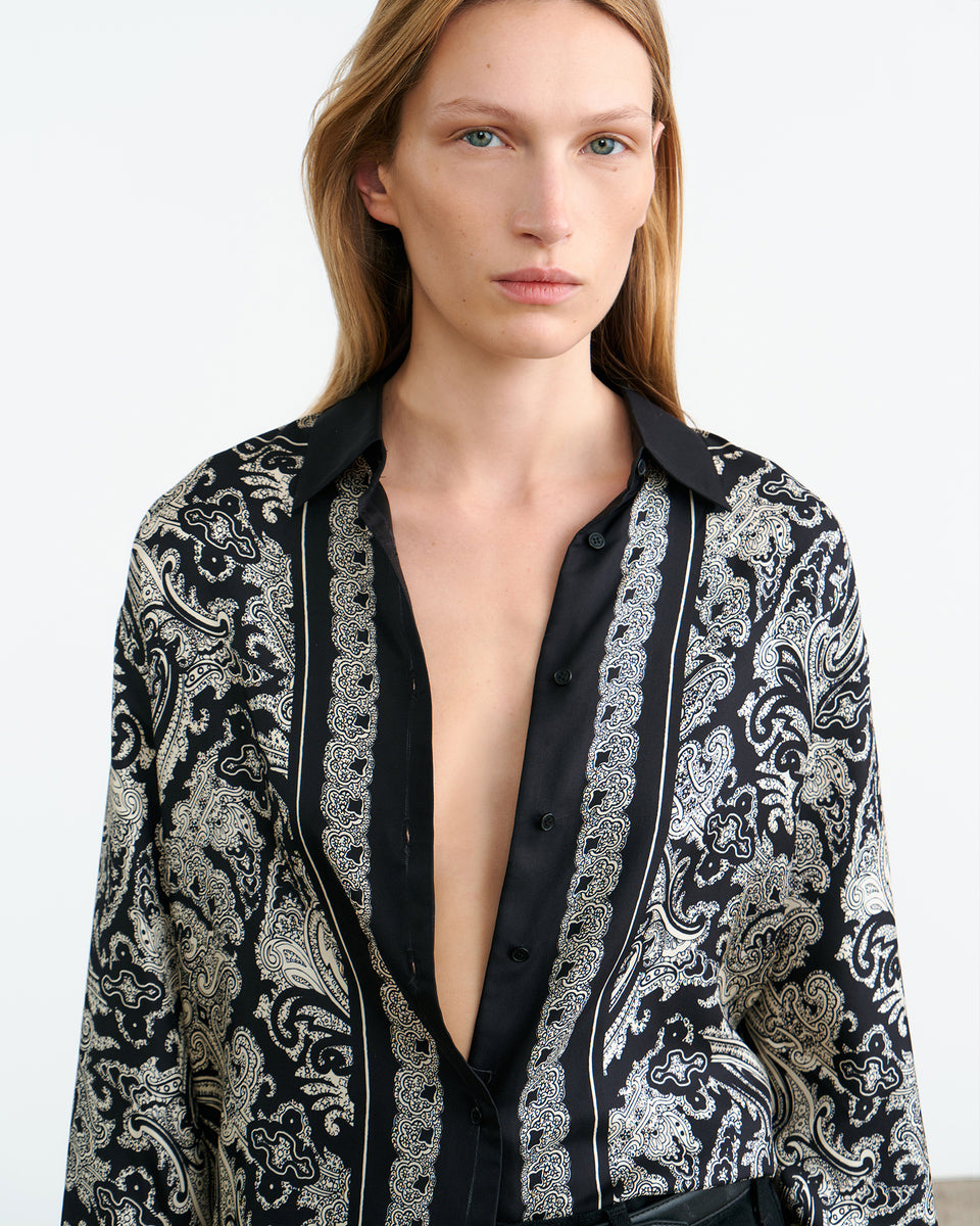 ALFIE SILK SHIRT IN BLACK/IVORY PAISLEY SCARF