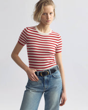 ALITA STRIPE CASHMERE SWEATER IN IVORY/RED STRIPE