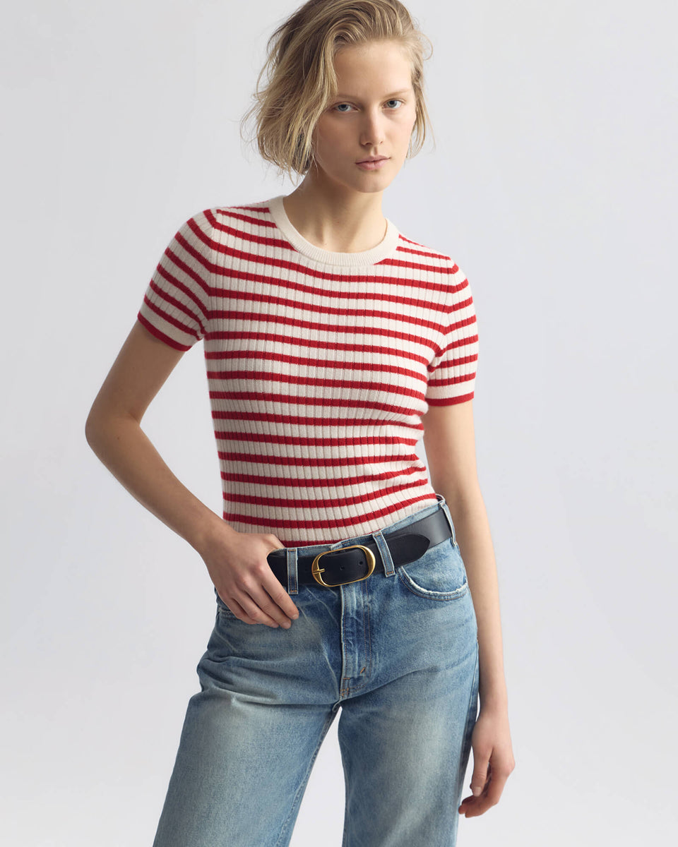 ALITA STRIPE CASHMERE SWEATER IN IVORY/RED STRIPE