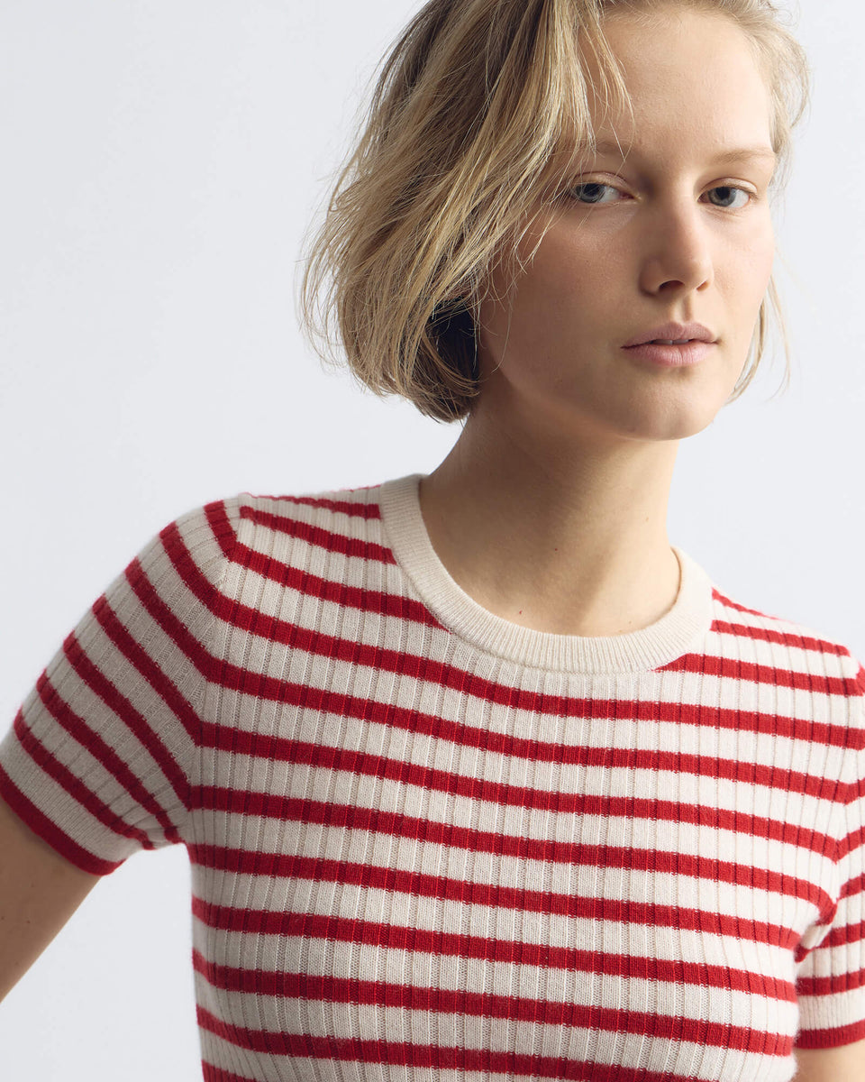 ALITA STRIPE CASHMERE SWEATER IN IVORY/RED STRIPE
