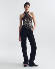 SOLAL SILK HALTERNECK TOP IN BROWN/ IVORY BANDANA PRINT