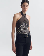 SOLAL SILK HALTERNECK TOP IN BROWN/ IVORY BANDANA PRINT