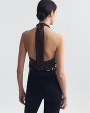 SOLAL SILK HALTERNECK TOP IN BROWN/ IVORY BANDANA PRINT