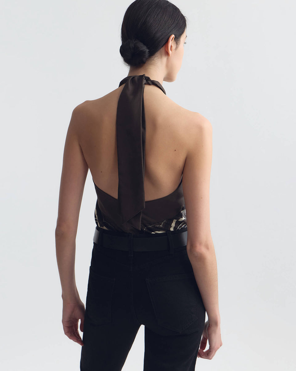 SOLAL SILK HALTERNECK TOP IN BROWN/ IVORY BANDANA PRINT