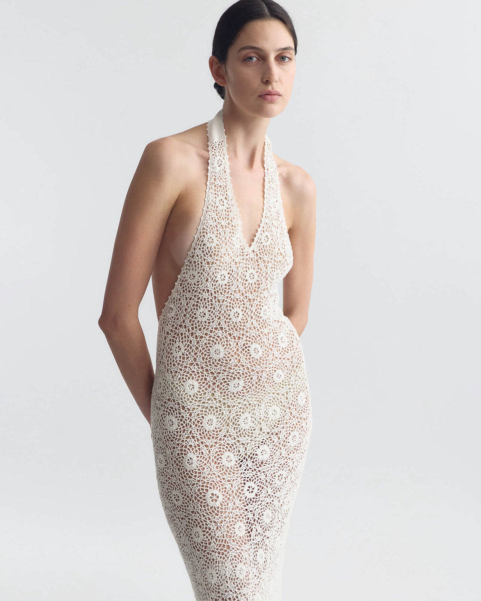 womens halter dress EDDIE KNIT HALTER DRESS | Women's Handmade Slim Dress In Custom Medallion  Crochet