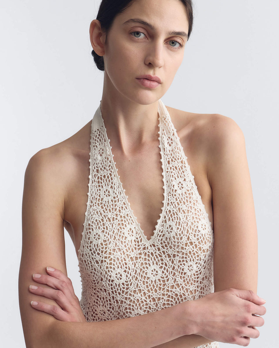 EDDIE KNIT HALTER DRESS | Women's Handmade Slim Dress In Custom Medallion Crochet | Nili Lotan EDDIE KNIT HALTER DRESS | Women's Handmade Slim Dress In Custom Medallion Crochet | Nili Lotan