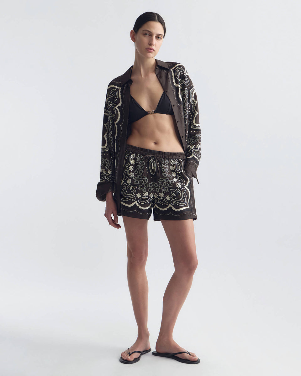 FRANCES SILK SHORT IN BROWN/ IVORY BANDANA PRINT