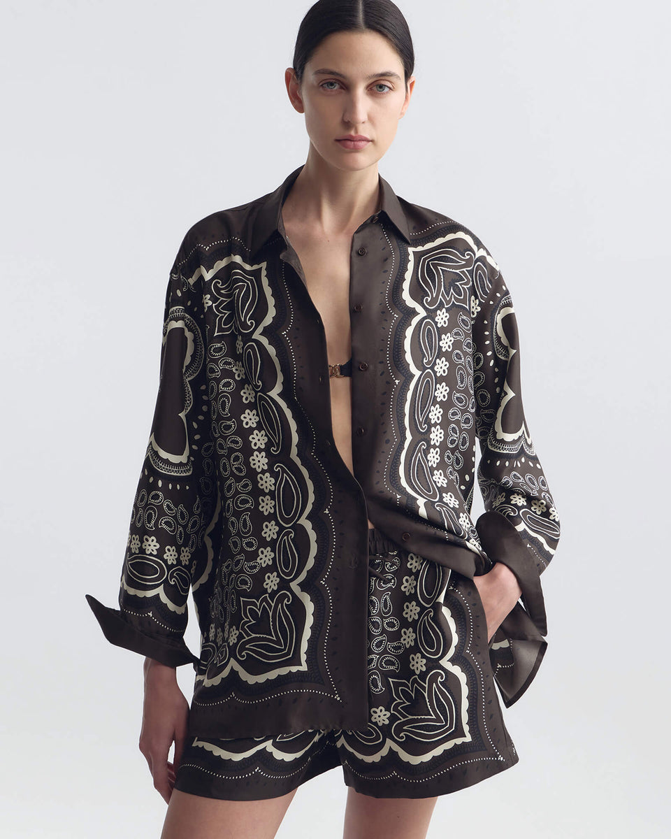 ALFIE SILK SHIRT IN BROWN/ IVORY BANDANA PRINT