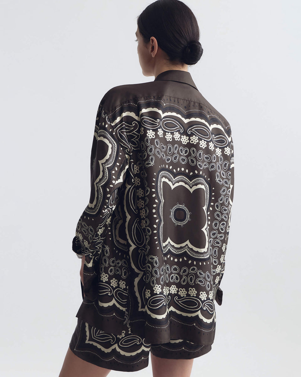 ALFIE SILK SHIRT IN BROWN/ IVORY BANDANA PRINT