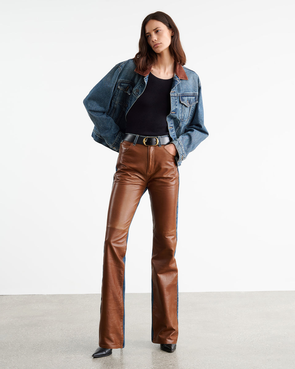JOAN LEATHER COMBO JEAN IN SIMON WASH W/ COGNAC