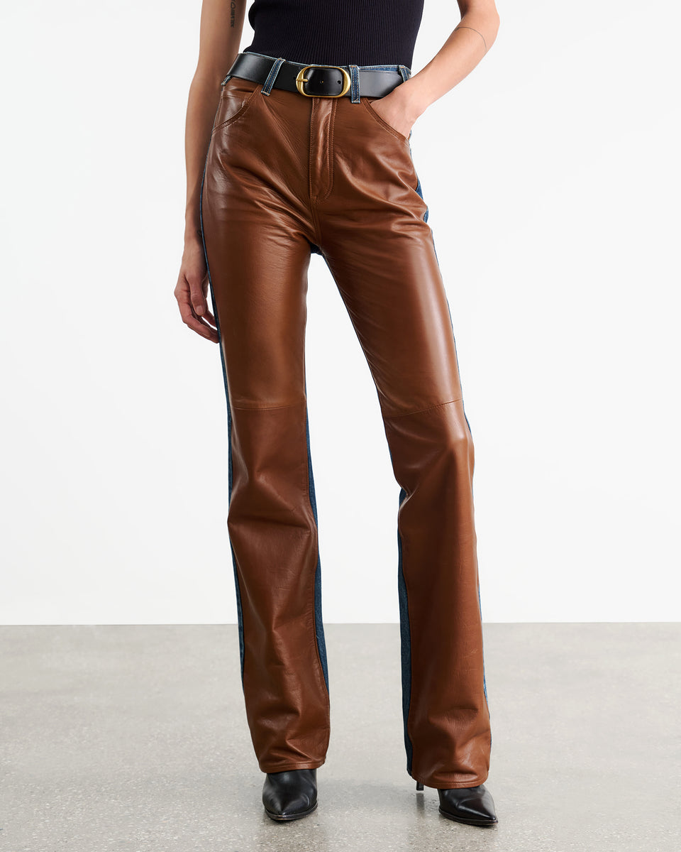 JOAN LEATHER COMBO JEAN IN SIMON WASH W/ COGNAC