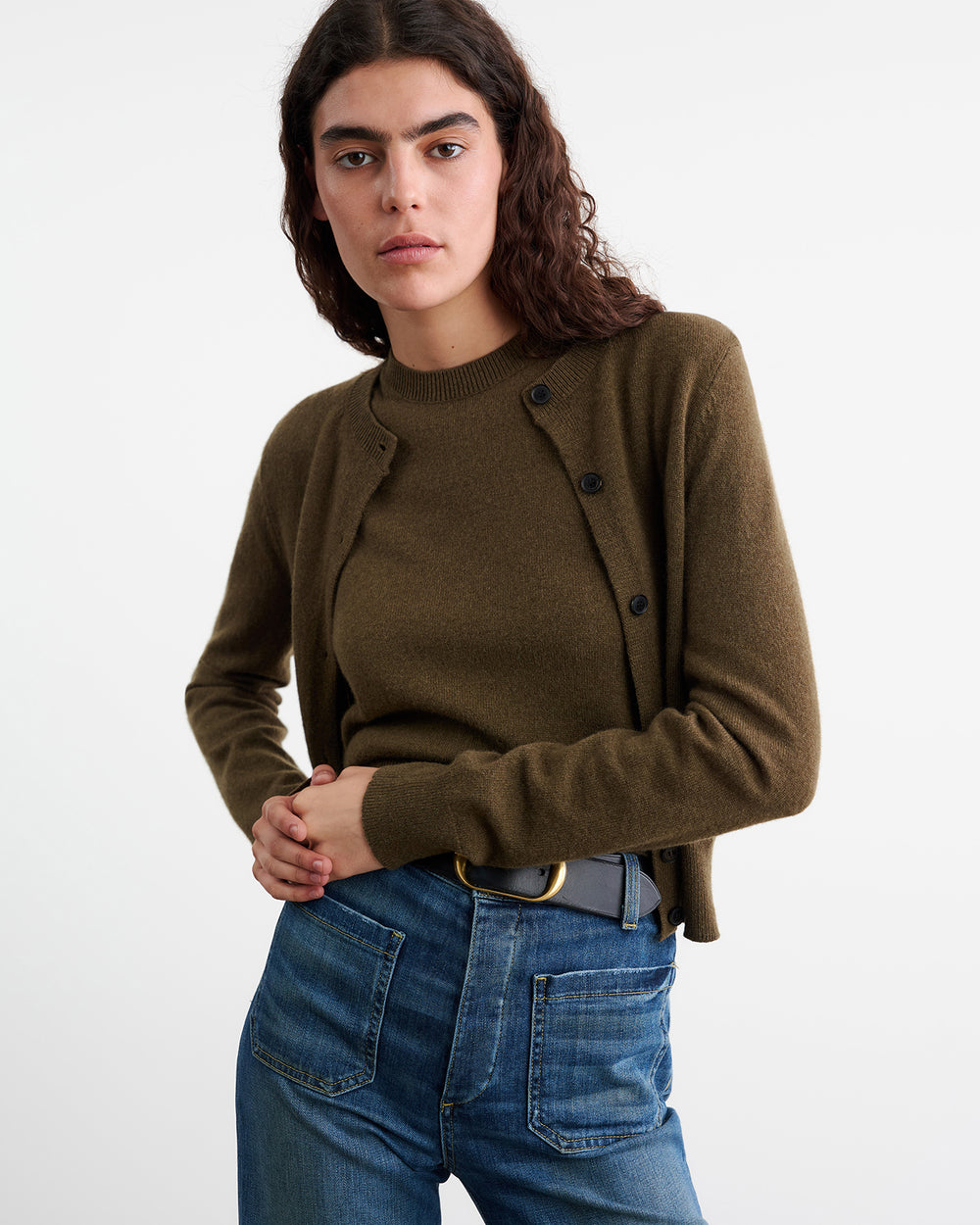 MARCH CASHMERE CARDIGAN IN DARK MOSS