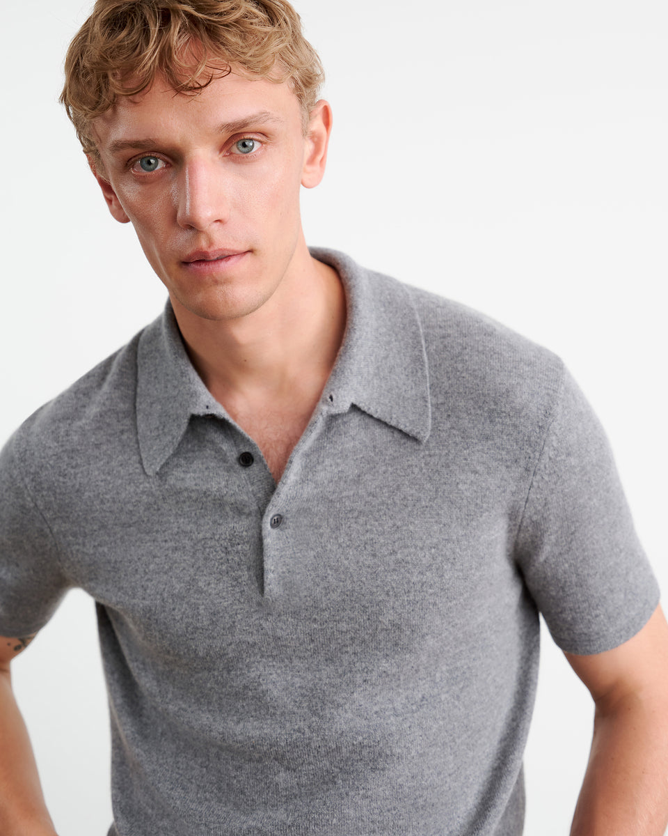 MYLES CASHMERE POLO IN MEDIUM GREY MELANGE