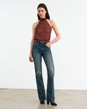 ALLA SILK HALTERNECK TOP IN BORDEAUX/CREAM DOTS