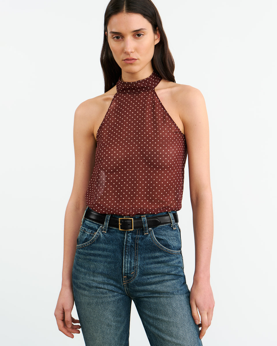 ALLA SILK HALTERNECK TOP IN BORDEAUX/CREAM DOTS