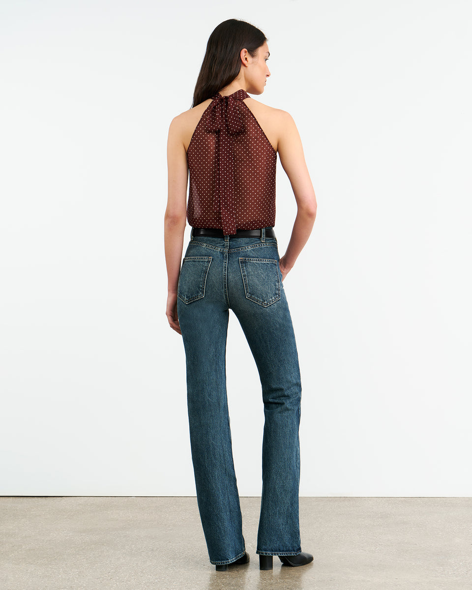 ALLA SILK HALTERNECK TOP IN BORDEAUX/CREAM DOTS