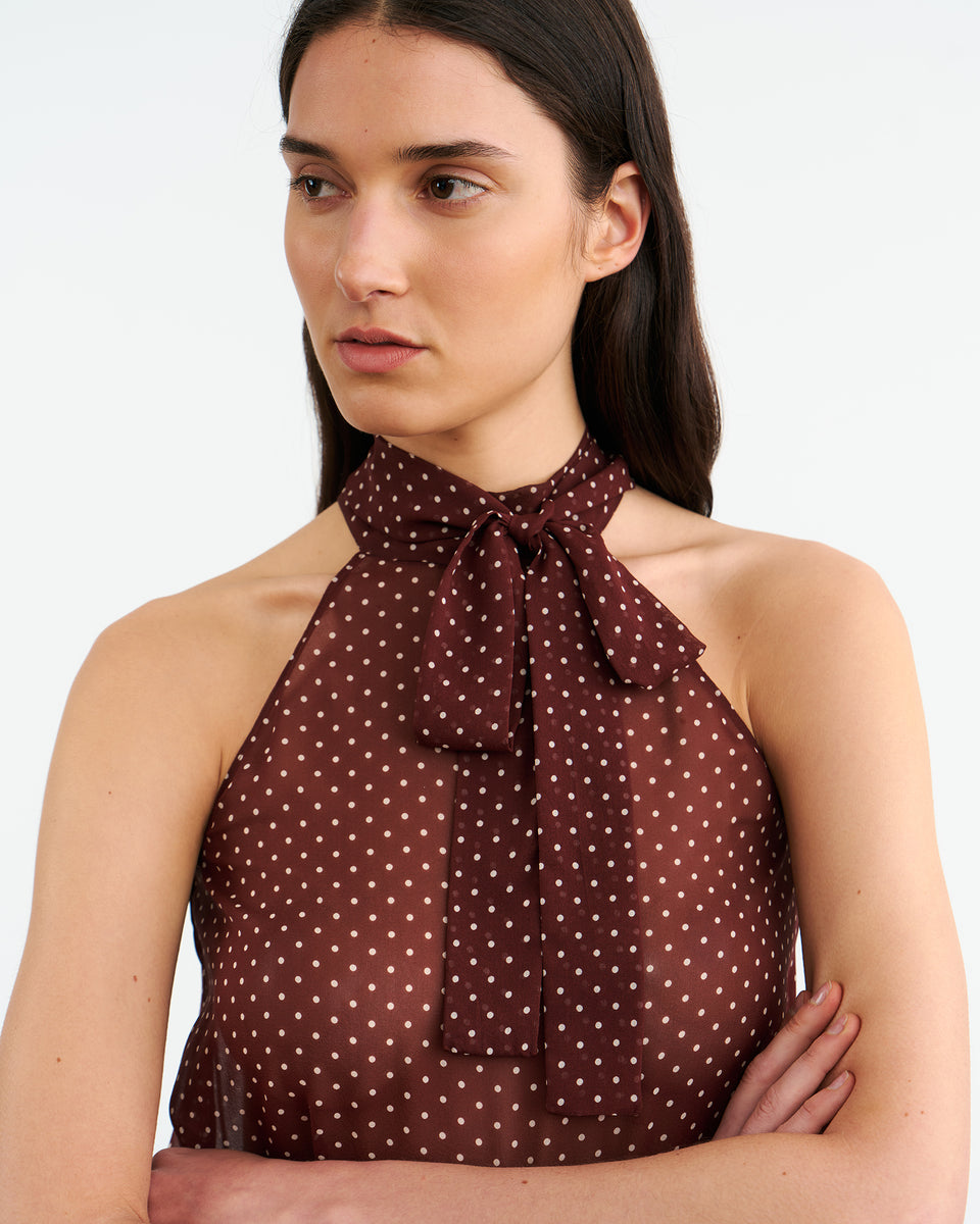 ALLA SILK HALTERNECK TOP IN BORDEAUX/CREAM DOTS