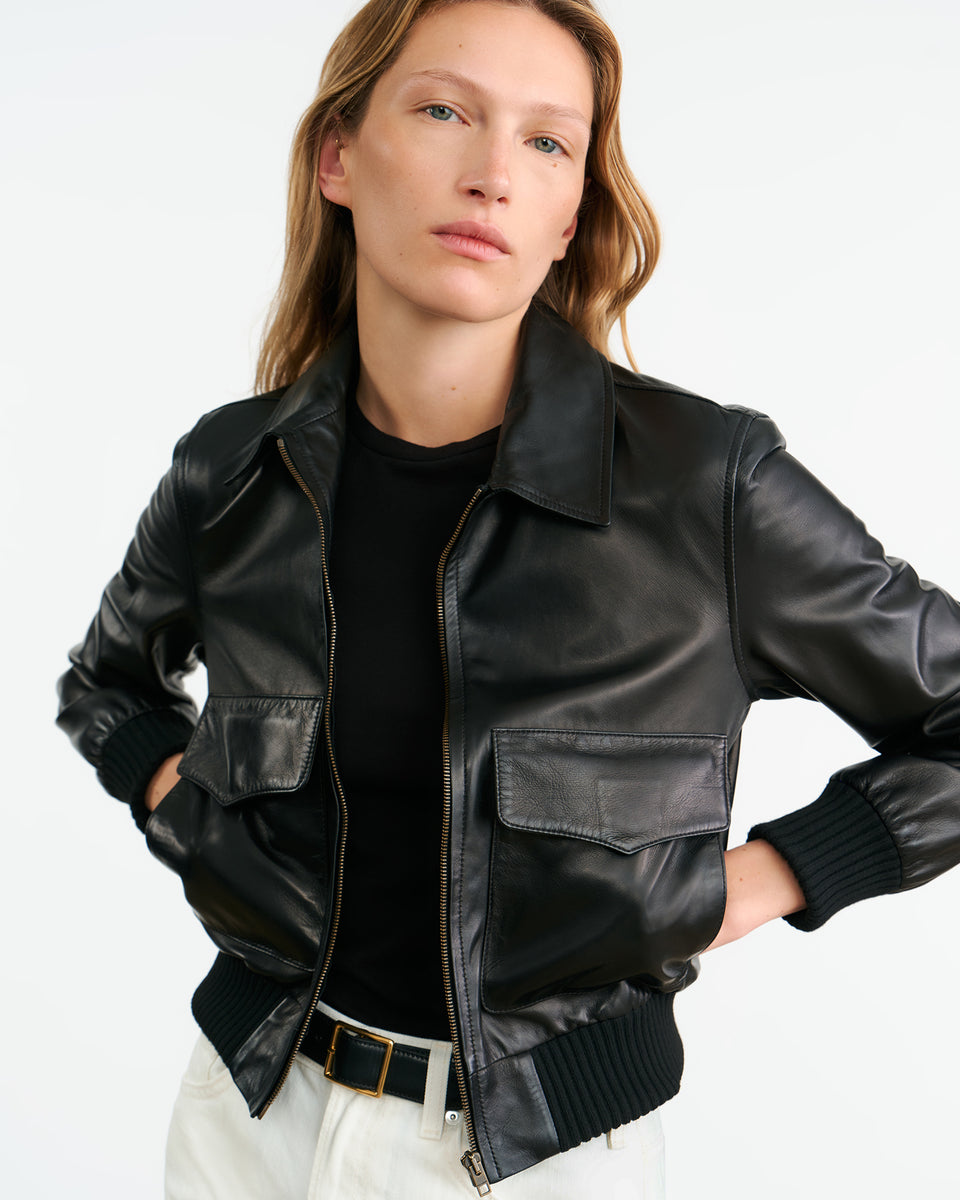 REDLEY LEATHER BOMBER JACKET IN BLACK
