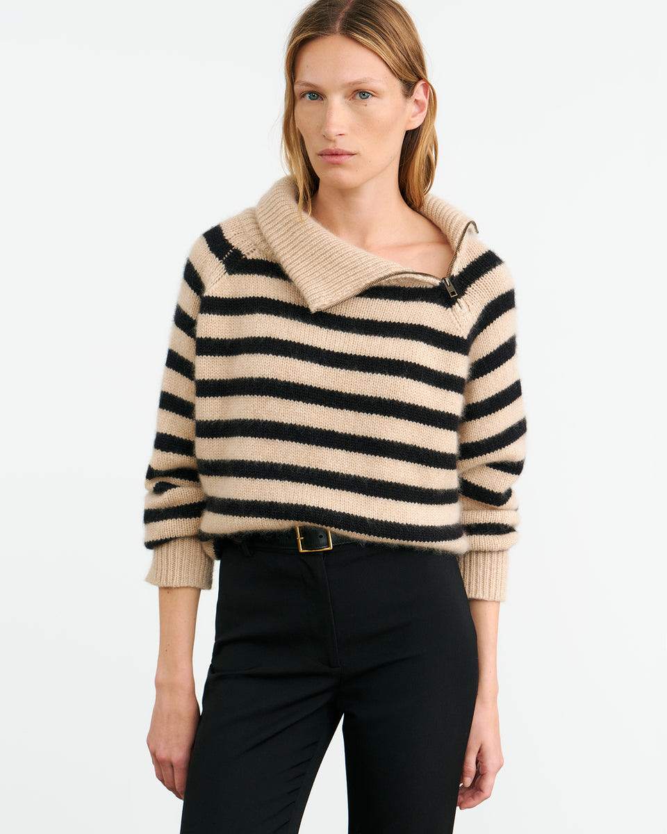 RAELYNN CASHMERE SWEATER IN PARCHMENT/BLACK STRIPE