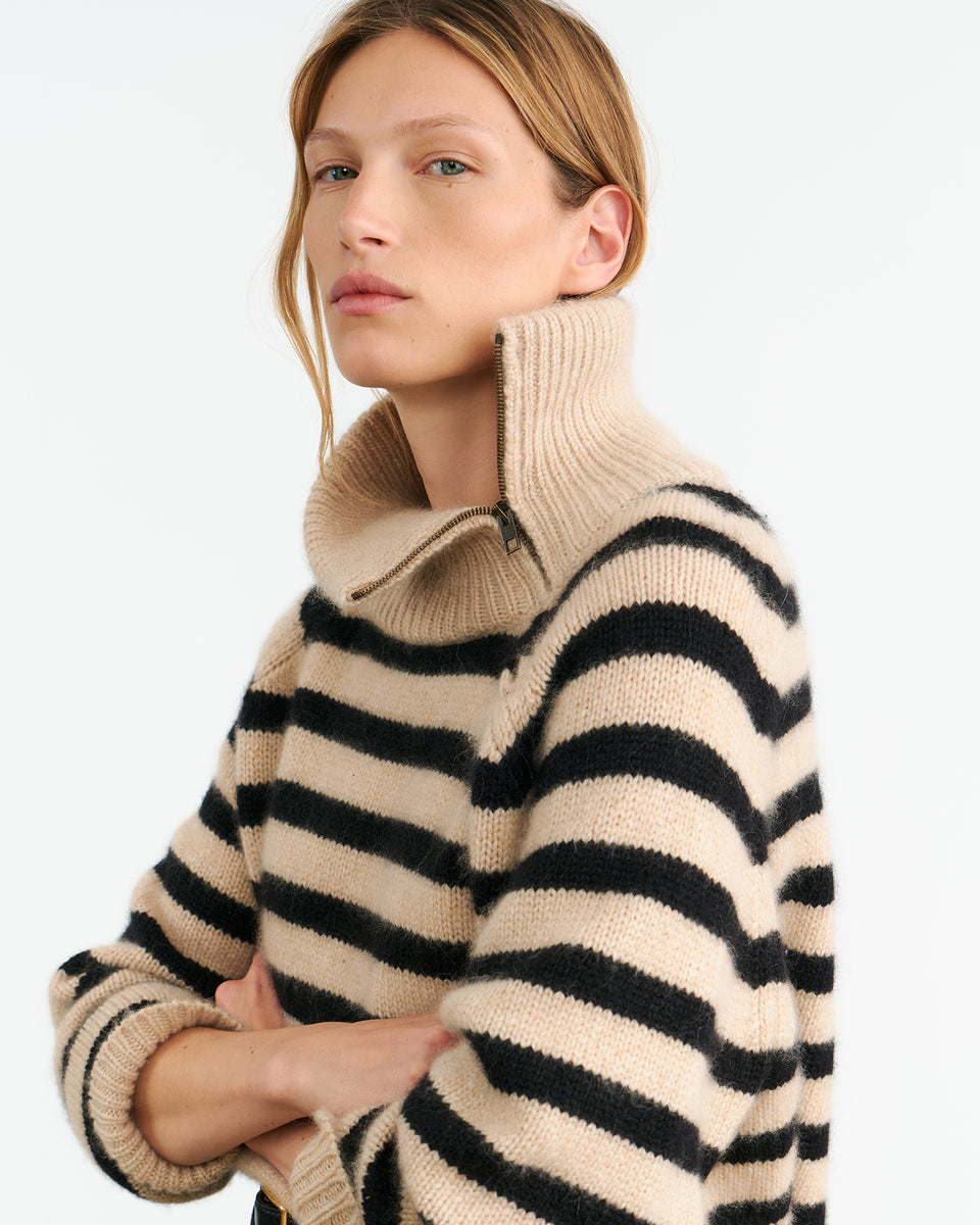 RAELYNN CASHMERE SWEATER IN PARCHMENT/BLACK STRIPE