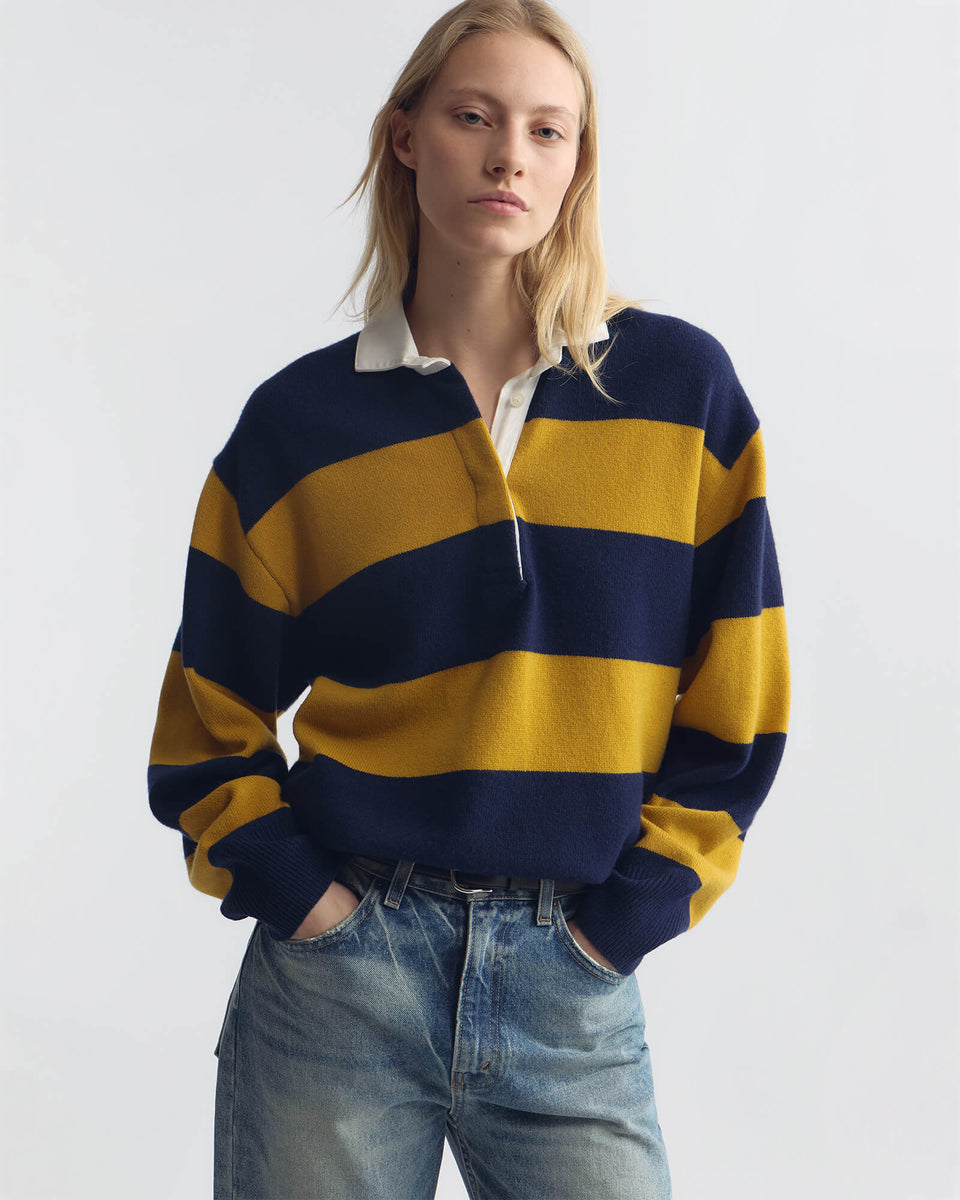 RASHIDA RUGBY SWEATER IN NAVY/AMBER STRIPE