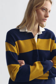 RASHIDA RUGBY SWEATER IN NAVY/AMBER STRIPE